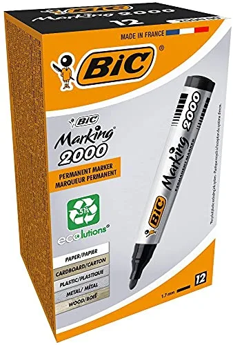 BIC Marking Rotuladores Permanentes, 2000 ECOlutions, Negro, Punta Media, Material Oficina, Caja de 12