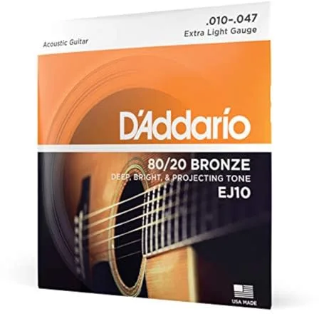 Cuerdas D'Addario para guitarra acústica, 80/20 Bronce, EJ10, calibre extra ligero 10-47, juego de 6 cuerdas, paquete de 1