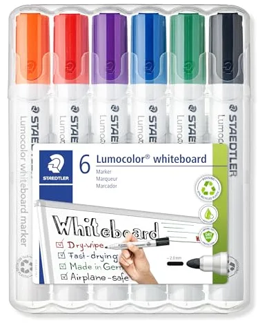 Staedtler 351 WP6 - Rotuladores para pizarra blanca Lumocolor, inodoro, secado rápido y recargable, paquete de 6 colores Surtido