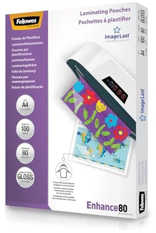 Fellowes Pack de 100 fundas plastificar A4, brillo, formato A4, 80 micras, con flechas direccionales ImageLast, fundas para plastificadora adecuadas para fotos y avisos