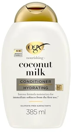 OGX Nourishing + Coconut Milk Conditioner (385 ml), acondicionador hidratante con leche y aceite de coco y proteína de leche hidrolizada, sin sulfatos, para cabello seco