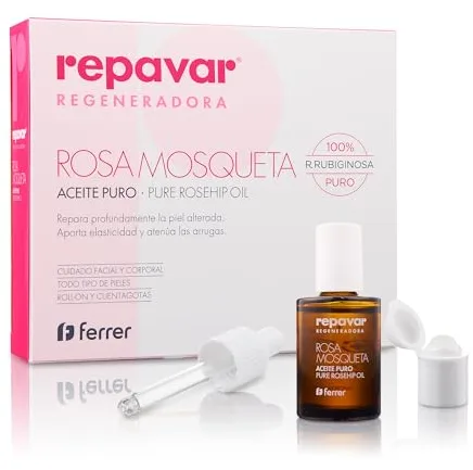 Repavar - Aceite 100% Puro Rosa Mosqueta Primera Presión en Frío, Alta capacidad Regeneradora para Cicatrices - Incluye Aplicador Roll On y Cuenta Gotas - 15 ml