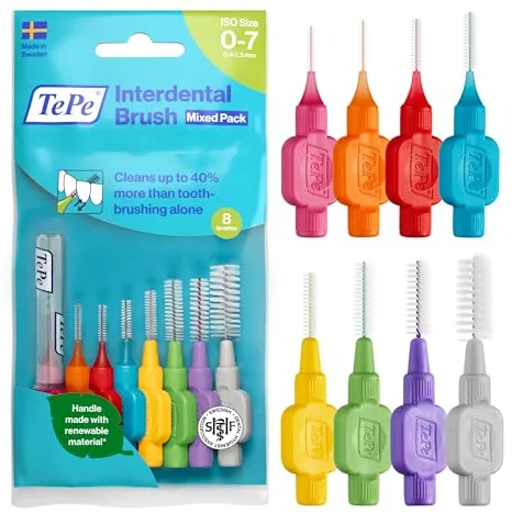 Cepillo interdental TePe, Original, envase mixto, 0,4-1,3 mm/ISO 0-7, 8 ud., eliminación de placa, hilo dental para espacios de estrechos a anchos
