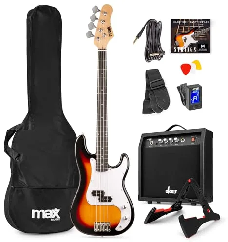 Max GigKit - Pack completo de bajo eléctrico Sunburst con amplificador de 40W, soporte, funda, afinador, cable y cuerdas, ideal para principiantes, práctica en casa o ensayos en estudio