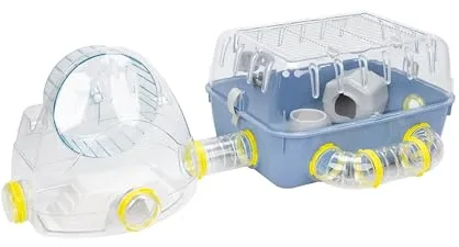 Ferplast Jaula para hámsteres COMBI 2, Casita para pequeños roedores, Plástico robusto, Techo con rejilla abrible, Tubos gimnasio y accesorios incluidos, 79,5 x 29,5 x h 26,3 cm Azul