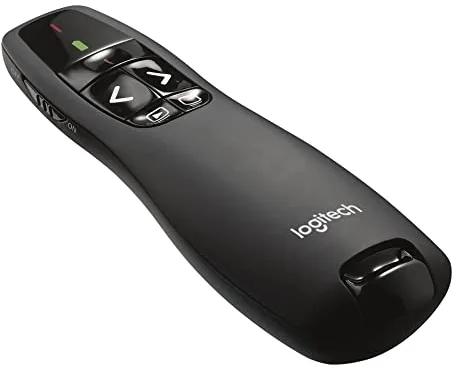 Logitech R400 Presentador Inalámbrico, 2,4 GHz con Receptor USB, Puntero Láser Digital Rojo, Distancia de 30 Metros, 6 Botones, Controles Intuitivos, Indicador de Batería, Compatible con PC - Negro