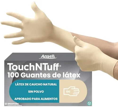 Ansell TouchNTuff 69-318 Guantes Latex Desechables, Guantes Trabajo Multiuso, Seguridad Hogar, Alimentos, Cocina, Limpieza, Mecanico, Guantes Desechables Sin Polvo, Blanco, Talla L (100 Guantes)