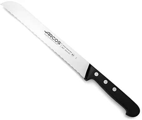Arcos Cuchillo Panero con Hoja de Acero Inoxidable Nitrum 200 mm. Cuchillo Pan ideal para uso doméstico diario. Obtenga una gran variedad cortes parau comida. Serie Universal. Color negro.