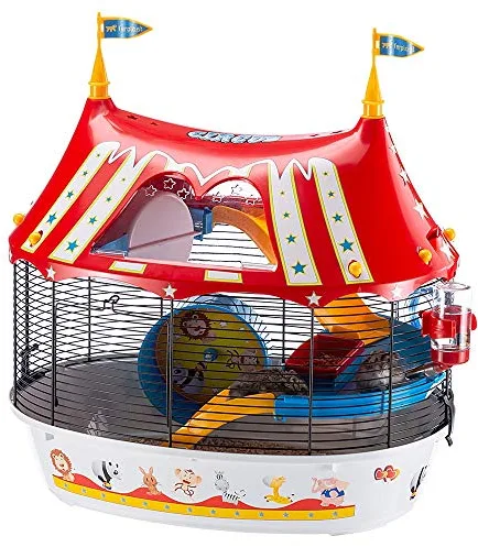 Ferplast Jaula de Tres Pisos para hámsteres Circus Fun, Ratones y pequeños roedores, Plástico Robusto y Metal, Coloridos Adhesivos y Accesorios incluidos 49,5 x 34 x h 42,5 cm Negro