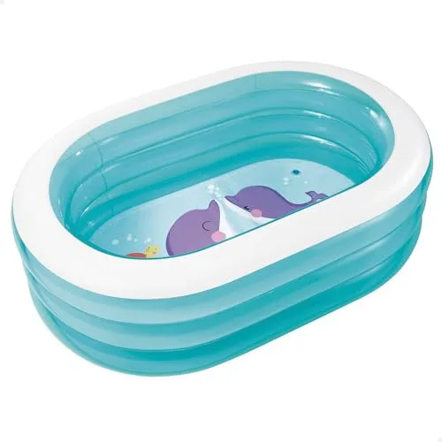 Intex Piscina Hinchable Infantil, 3 Anillos Azul Transparente, 163x107x46 cm, 230 litros, Vinilo Resistente, tapón de desagüe, Uso Exterior, jardín, Verano, Incluye Parche de reparación (57482)