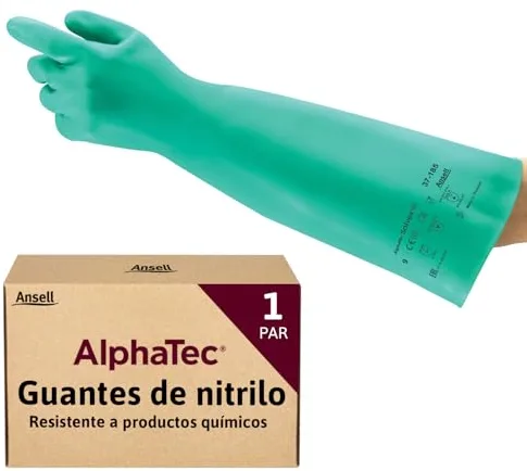 Ansell AlphaTec 37-185 Guantes Nitrilo Impermeables, Guantes Trabajo Multiuso, Limpieza, Cocina, Químicos, Seguridad Hogar, Sin Latex y Reutilizable, Guantes Hombre Mujer, Verde, Talla 2XL (1 Par)