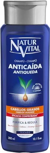 NaturVital - Champú Anticaída para Pelo Graso, Sin Parabenos ni Siliconas, Previene la Caída del Cabello, Champú Natural Fortificante, para Hombres y Mujeres, 300ml