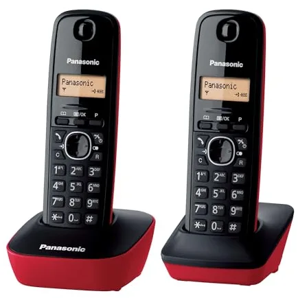 Panasonic KX-TG1612SPR Teléfono Inalámbrico Digital DECT, Unidad Base y 2 Auriculares, Identificador De Llamadas, Batería Larga Duración, Pantalla LCD, Agenda, Rellamada, Despertador, Rojo