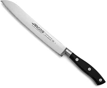 Arcos Cuchillo para pan con Hoja Acero Inoxidable Nitrum 200 mm. Obtenga una gran variedad cortes para tu comida. Cuchillo ideal para uso doméstico diario. Serie Riviera. Color negro.