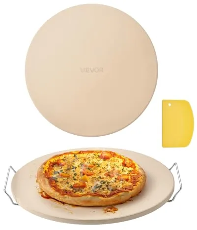 VEVOR Piedra para Hornear Pizza de 406 x 406 mm, Redonda de Cordierita, Extragrande con Raspador y Soporte, 17 mm de Grosor, Resistente al Calor, Ideal para Cocina, Horno, Pan, Pizza y Parrilla