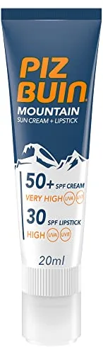 Piz Buin Mountain Sun Cream 50 SPF + Lipstick 30 SPF (20 ml), producto 2 en 1 con protección solar para deportes de alta montaña, protector solar facial 50 y protector labial 30