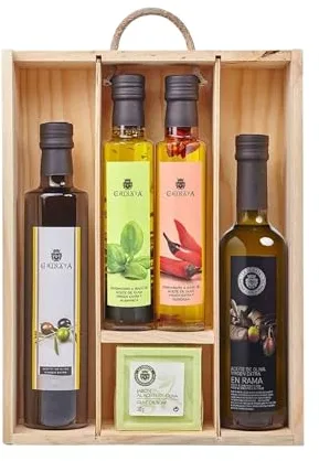 La Chinata Estuche Regalo Grande Gourmet con Aceite de Oliva Virgen Extra – 2 Aceites Condimentados (Albahaca y Guindilla), AOVE en Rama, AOVE Vidrio y Jabón Natural | Cesta Regalo Gourmet