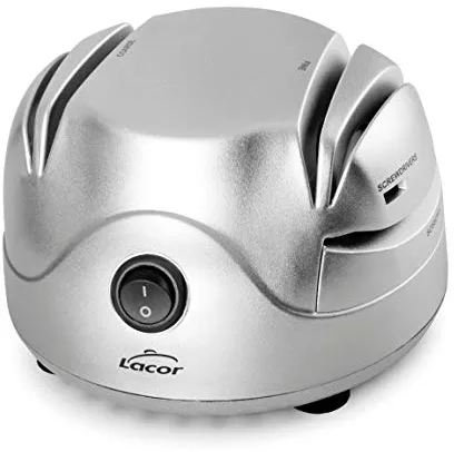 LACOR 69141 Afilador de Cuchillos Eléctrico, Cuatro ranuras con ventosa, Afila Cuchillos, Tijeras, Destornilladores, Seguro y fácil de usar, Potencia 60W, Pequeño y Compacto, Gris, 13 x 15 x 10 cm