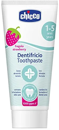 Chicco Pasta de Dientes de Fresa para Dientes Sensible de Baja Abrasión con Flúor, Xilitol, Sin Conservantes, Ayuda a Prevenir Caries y Eliminar Placa - Pasta de Dientes para Niños +1 Año, 50 ml