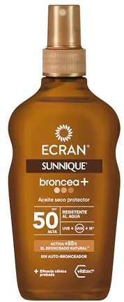 Ecran Sunnique - Aceite Protector Solar Broncea+ FPS 50, Protección Alta UVB y UVA, Activa el Bronceado Natural, Sin Autobronceador, con Tecnología PureBronze, Resistente al Agua - 200 ml