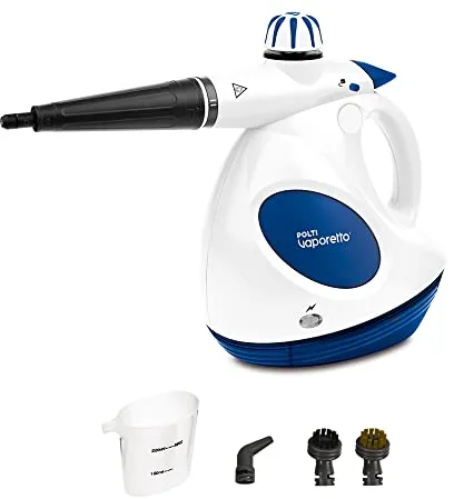 Polti Vaporetto First, Pistola de Vapor con Caldera y Tapón de Seguridad, Caldera de Alta Presión hasta 3 Bar, 5 Accesorios Incluidos, Blanco y Azul