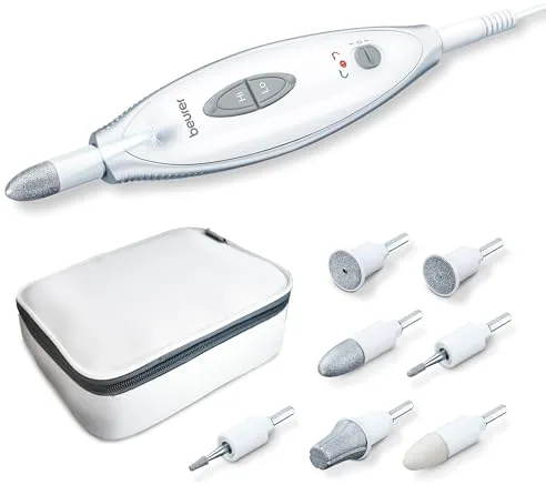 Beurer MP 41 Set de manicura y pedicura profesional, torno para uñas con 7 accesorios, luz LED, rotación derecha/izquierda, 2 velocidades, bolsa incluida