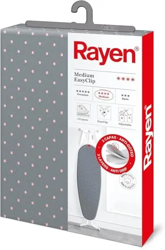 Rayen | Funda Tabla de Planchar Universal | Funda de Planchar Ajuste EasyClip | 3 capas: Espuma, Muletón, tejido 100% Algodón | Gama Medium | Medida: 130 x 47 cm | Estampado