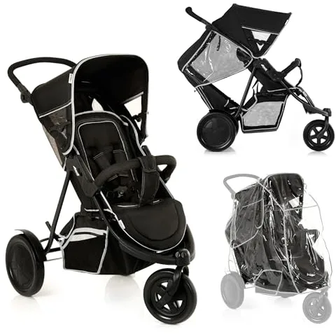 hauck Freerider Carro Gemelar Reclinable, Silla de Paseo Gemelar Plegable, Carrito Gemelos Ligero, Asientos Desmontables, Arnés 5 Puntos, Ruedas Grandes, hasta 30 kg, Negro