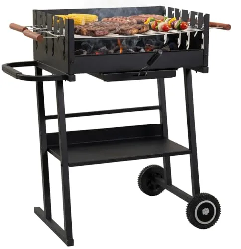 Tarrington House Barbacoa de Carbón Brigida, Acero/Madera, Rejillas Regulables en Altura, Asas de Madera, Estante Inferior, Ruedas, Negra