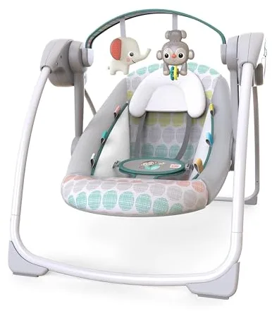 Bright Starts, Columpio Automático Portátil de 6 Velocidades con Velocidad Adaptable, Taggies, Música, Barra de Juguetes Extraíble, 0-9 Meses 6-20 lbs (Whimsical Wild)