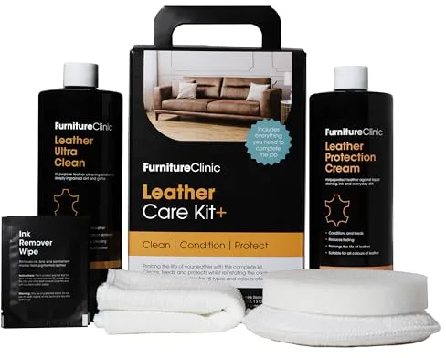 Kit completo de cuidado del cuero Furniture Clinic – Limpiador de cuero y Crema protectora del cuero para sofás y asientos de coche – 500 ml de Ultra Clean,500 ml de acondicionador de cuero y esponjas