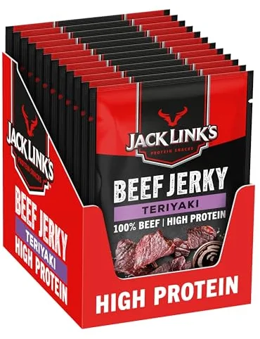 Jack Link’s Beef Jerky Teriyaki - MrBeast Edition - Pack de 12 (12 x 25g) Snack Alto en Proteína - Snack Proteico para Fitness, Gym y Outdoor - Carne de Vacuno Deshidratada Estilo Americano