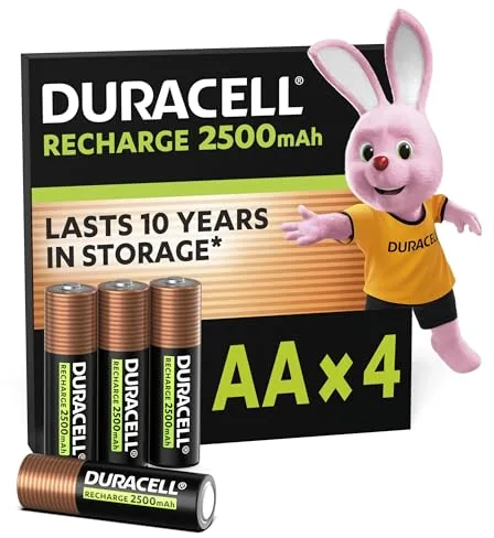 Duracell pilas recargables AA (Paquete de 4), 2500 mAh NiMH, precargadas, nuestras pilas recargables no. 1 en duración, con 0% plástico 100% embalaje reciclable