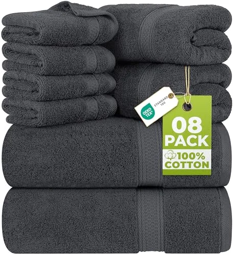 Utopia Towels - Juego de Toallas Premium de 8 Piezas, 2 Toallas de Baño, 2 Mano y 4 Toallitas - Algodón - para Casas, Hoteles y Spas, Altamente Absorbentes (Gris)