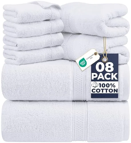 Utopia Towels - Juego de Toallas Premium de 8 Piezas, 2 Toallas de Baño, 2 Mano y 4 Toallitas - Algodón - para Casas, Hoteles y Spas, Altamente Absorbentes (Blanco)