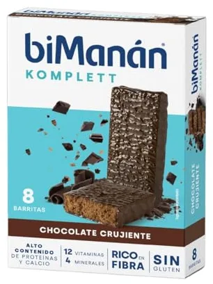 BIMANÁN KOMPLETT - BARRITAS DE CHOCOLATE CRUJIENTE - Ricas en Proteínas y Fibra, con 12 Vitaminas y 4 Minerales - sin Aceite de Palma, sin Gluten - 8 Unidades (280g)