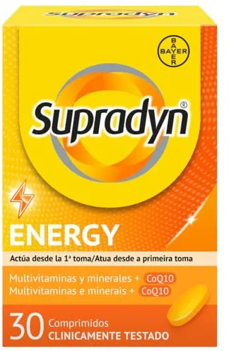 Supradyn Energy Multivitamínico para hombres y mujeres, Complejo Vitamínico Con Efecto Energía, 13 Vitaminas, 9 Minerales Y Coenzima Q10, Sin sabor, Amarillo, 30 Comprimidos