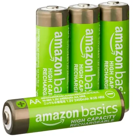Amazon Basics paquete de 4 baterías AA NiMH recargables, 2400 mAh, 1,2 V, se recargan hasta 400 veces, precargadas