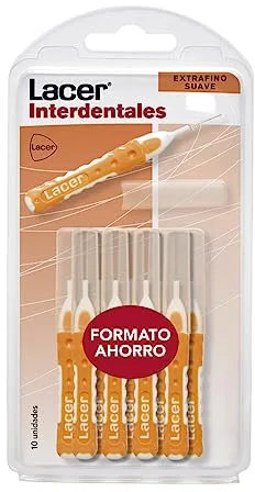 LACER - Cepillo Interdental Recto Extrafino Suave Pack 10 Unidades, Mango Bimaterial y Antideslizante, Cuello Flexible, Máxima Eficacia, Filamentos Tynex, Previene y Elimina Placa Bacteriana