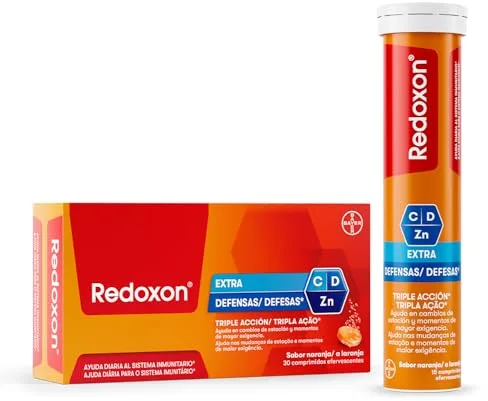 REDOXON Vitamina C Efervescente - Extra Defensas 30 Comprimidos - Sabor Naranja - Suministro para 1 mes - Complemento Alimenticio con Vitamina D y Zinc - Ayuda al Sistema Inmunitario - Sin Gluten