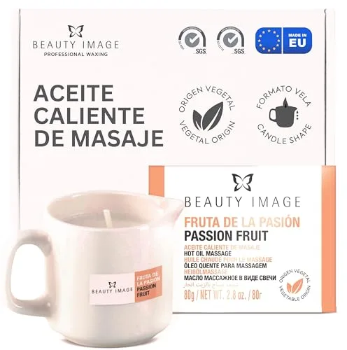 BEAUTY IMAGE Vela de Masaje Grande - Aroma Fruta de la Pasión. [80 gr de 4 a 5 Masajes de Cuerpo Entero]. Aceite Caliente para Masaje Profesional. Calidad Hecho en Europa. Masaje Sensual.