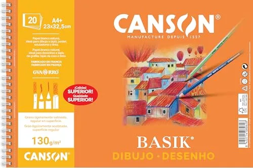 Canson Dibujo Basik, Papel de dibujo blanco, Grano fino, 130gsm, Espiralados sobre el lado corto, 23x32,5cm, Blanco natural, 20 Hojas