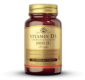 Solgar – Vitamina D3 1000 UI (25 µg) - Cuida tu sistema inmunológico – Protege tus defensas – Contribuye al mantenimiento de los huesos y absorción del calcio - 100 comprimidos masticables​