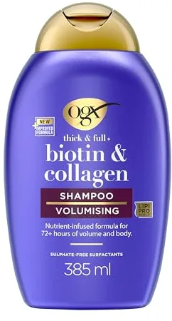 OGX Biotin & Collagen Thick & Full+ Shampoo (385 ml), champú voluminizador de biotina y colágeno, con tensioactivos sin sulfatos, texturizador de cabello con 72 h de volumen