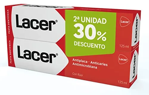 LACER PDL - Pasta de Dientes Duplo 2 x 125 ml, Acción Antiplaca, Anticaries, Antimicrobiana, Combate la Flora que Causa la Caries, Refuerza el Esmalte y la Dentina, Protección Integral