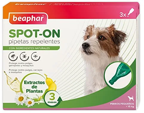 Beaphar Pipetas repelentes Naturales para Perros pequeños (Menos de 15 kg) - 3 Meses de protección Natural contra garrapatas, pulgas y Mosquitos - para Todo Tipo de Perros - 3 pipetas de 1 ml.