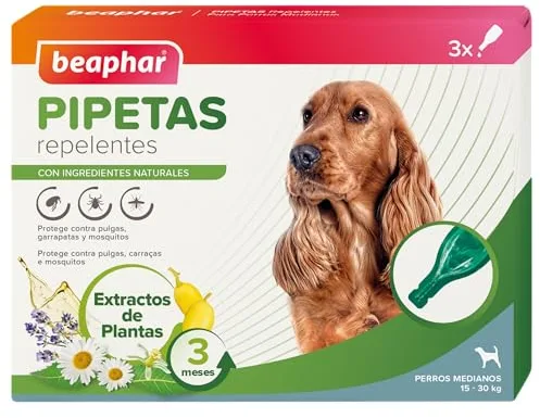Beaphar Pipetas repelentes Naturales para Perros medianos (de 15 a 30 kg) - 3 Meses de protección Natural contra garrapatas, pulgas y Mosquitos - 3 pipetas de 2 ml., El embalaje puede variar