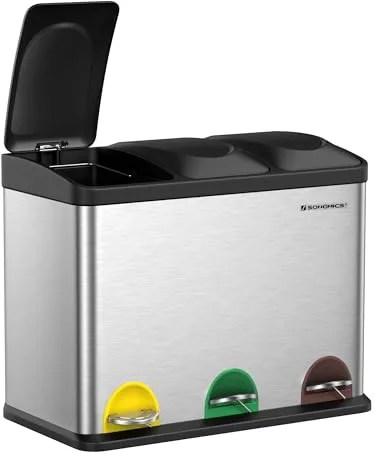 SONGMICS Triple Basura con Pedal, Metal 45L, Sistema de Separación de Residuos, 3x15L, Tapa, Acero Inoxidable, Plata Metálico/Negro LTB45L