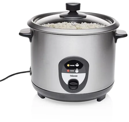 Tristar RK-6127 Arrocera, Capacidad 1.5 l, Función para Mantener el Calor, Apagado Automático, Incluye Taza Medidora, Espátula y Cuchara, revestimiento antiadherente del recipiente, 500 W, Plateado
