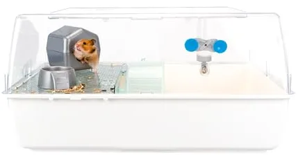 Ferplast Jaula de plástico para hámsteres y ratoncillos MINI DUNA HAMSTER de dos pisos, Rejilla de ventilación y accesorios, Techo transparente, alambre pintado Blanco y plástico, 55 x 39 x h 27 cm